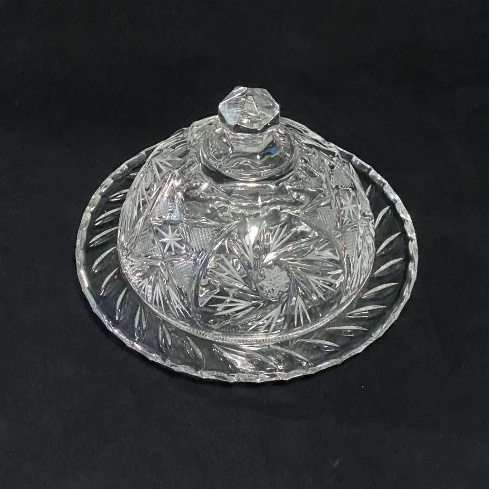 Eleanor American Cut Round Glass Cover Butter/Cheese Dish Pinwheel Fan Stars - Picture 2 of 11